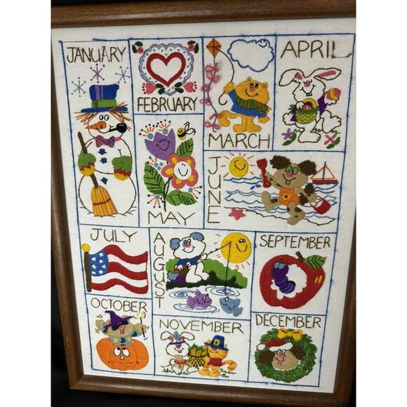 Vintage 1981 Dimensions Needlepoint Framed Embroidery Completed Months Activity - Picture 2 of 5